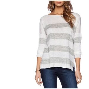360 Sweater Light Gray and White Striped Crew Neck 100% Linen
